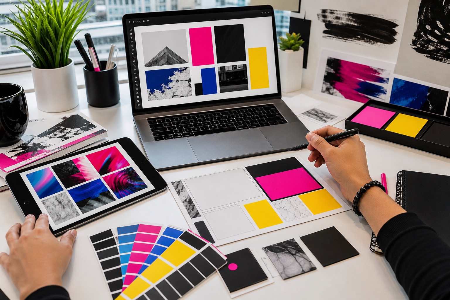 Espacio de diseño gráfico con laptop, paletas de color y material digital