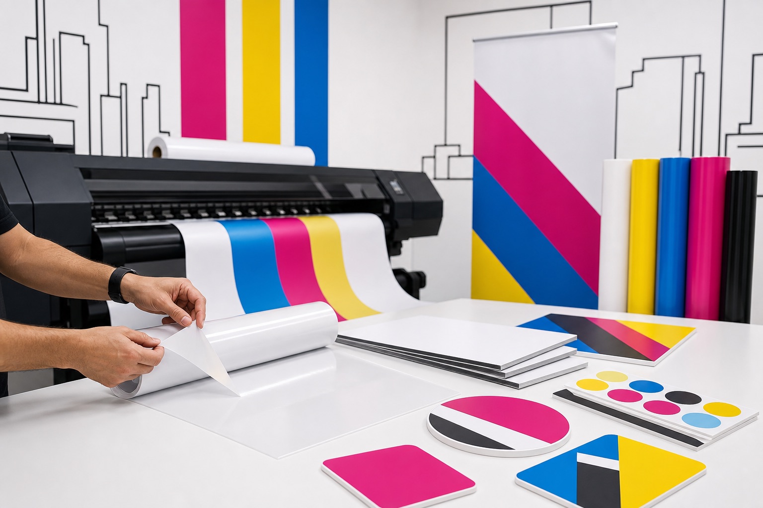 Producción de impresión digital con vinilos, rollos y materiales publicitarios