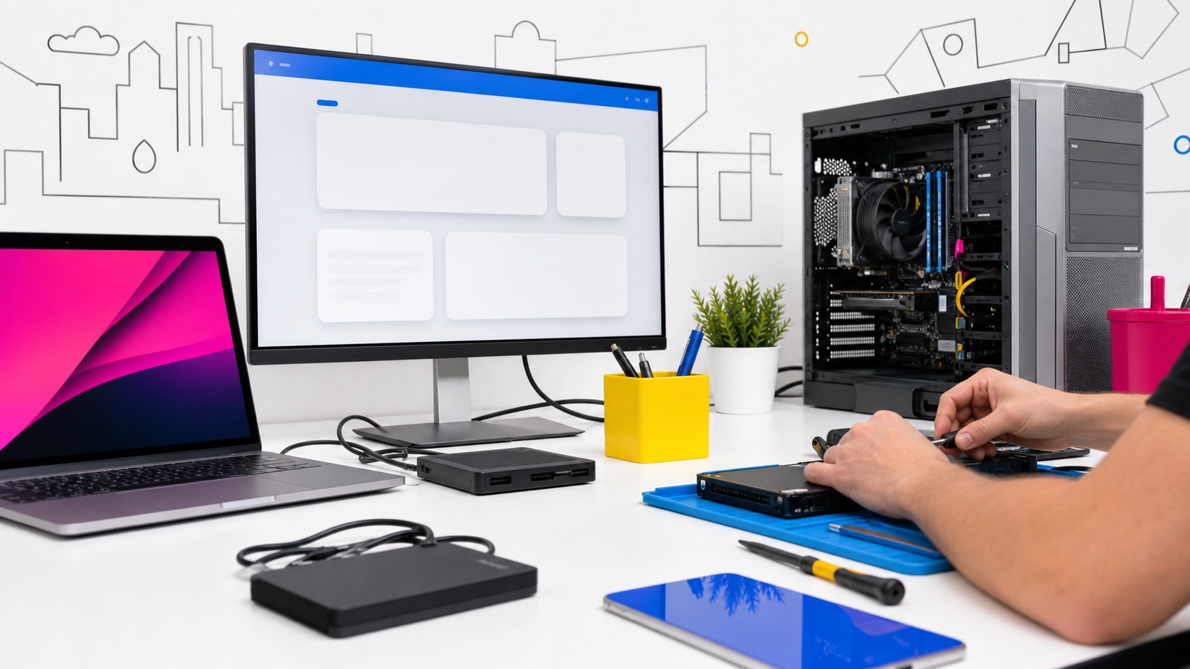 Mesa de soporte técnico con computador, componentes y herramientas